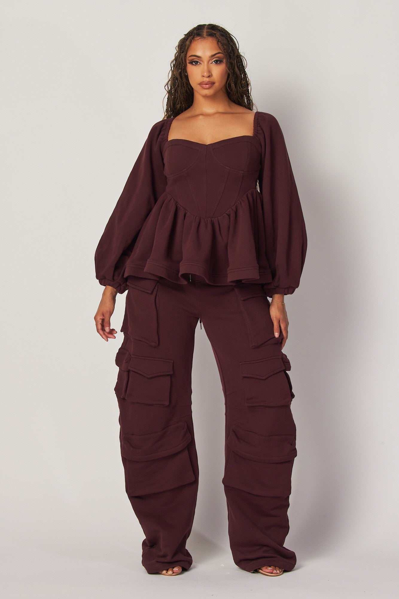 Villa Blvd ƎDEN Peplum Cargo Set - Burgundy
