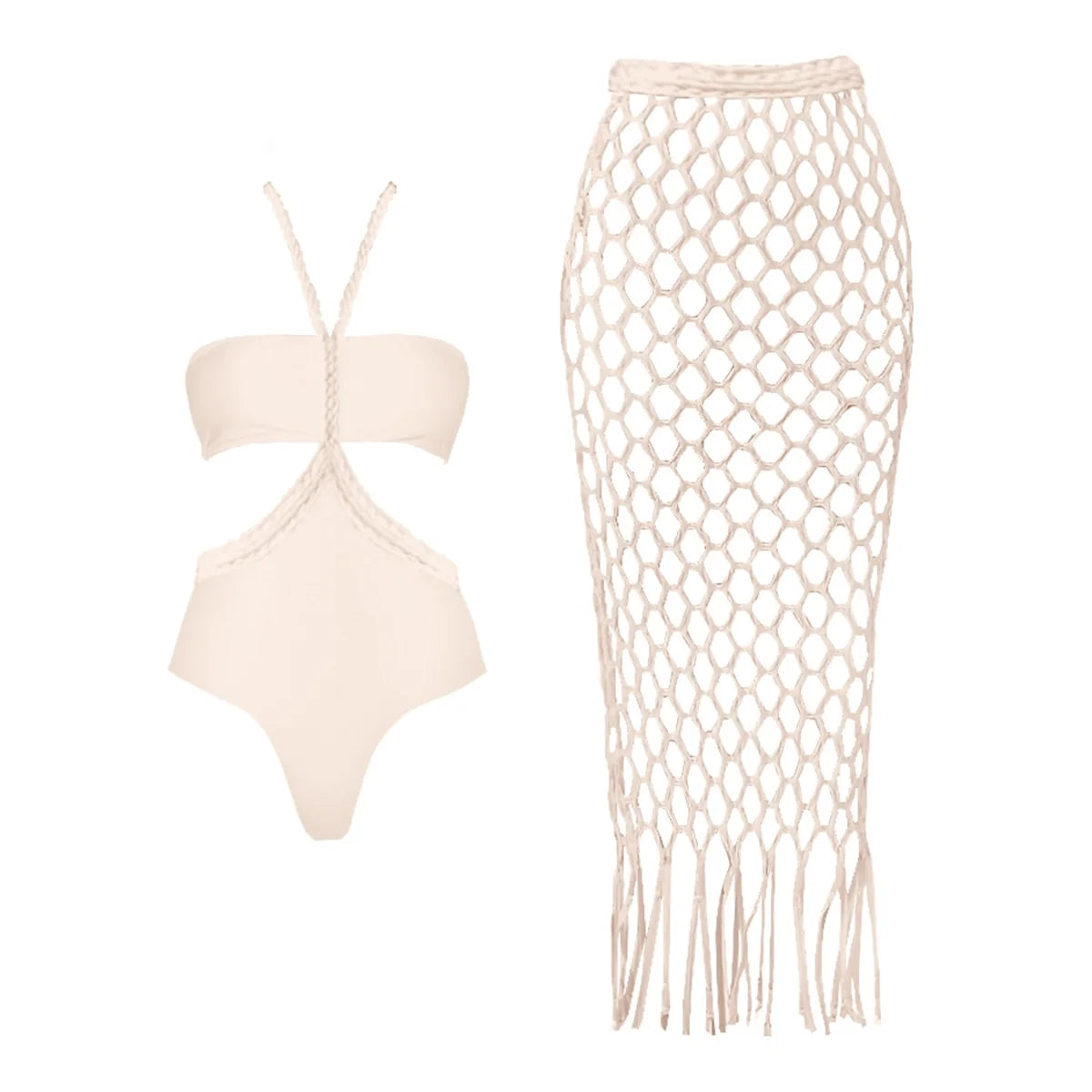 Villa Blvd Noué Crochet Hollow Swimsuit + Maxi Knit Skirt Swimwear Set