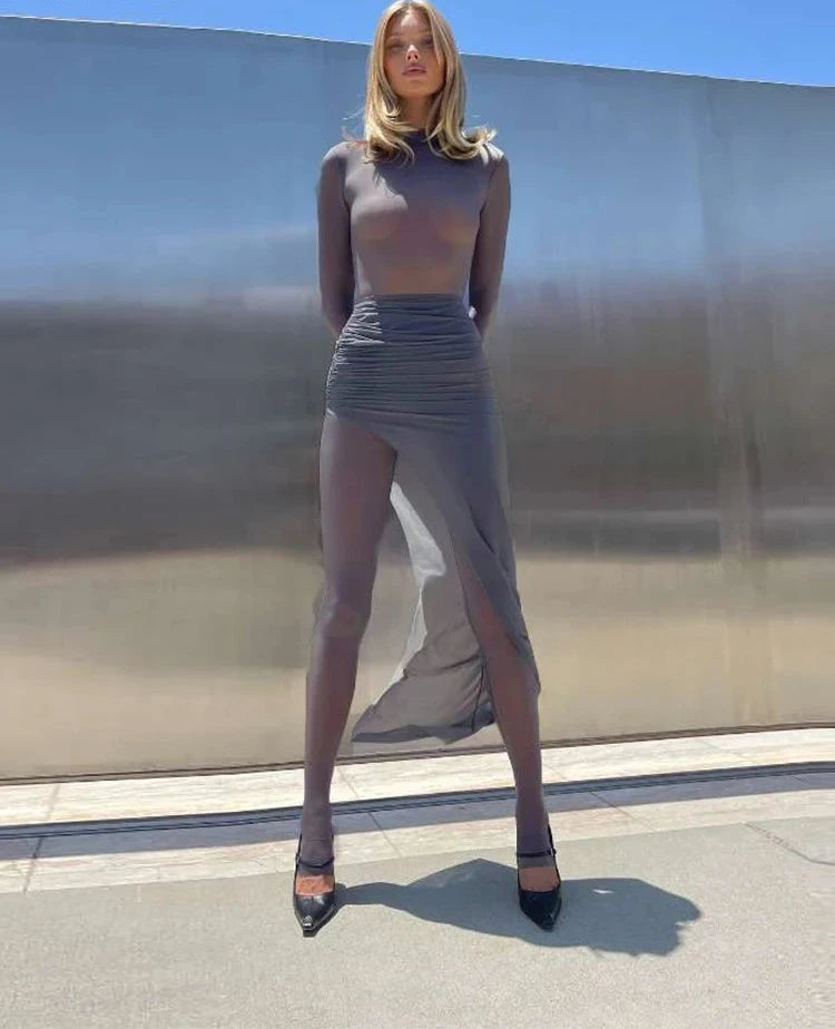 Villa Blvd Ombre Mesh Jumpsuits + Split Maxi Skirt Set