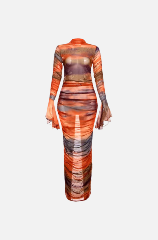 mesh ruffle sleeve dress Villa Blvd Gradient Mesh Ruffle Sleeve Maxi Dress Orange / L