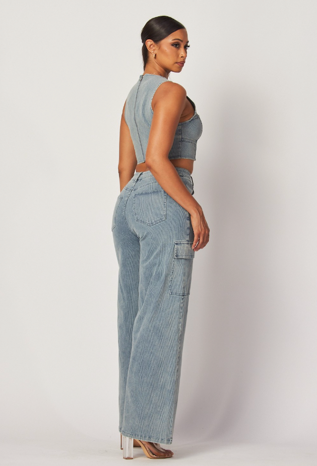 Villa Blvd ƎDEN Bustier Crop Top + Denim Cargo Pant Set