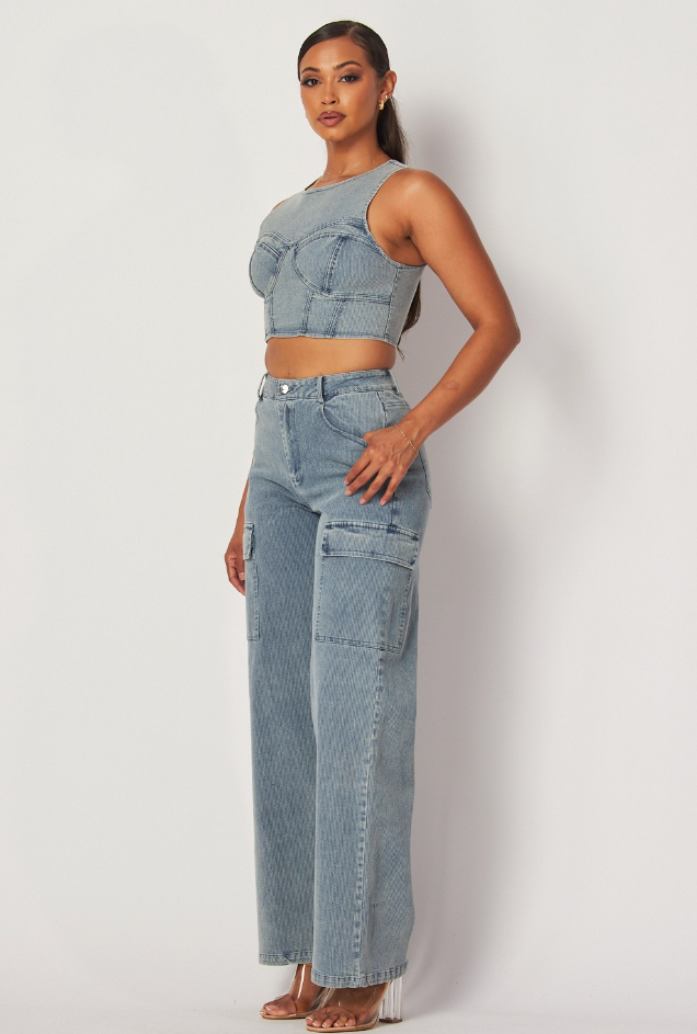 Villa Blvd ƎDEN Bustier Crop Top + Denim Cargo Pant Set