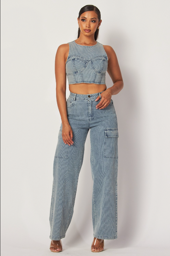 Villa Blvd ƎDEN Bustier Crop Top + Denim Cargo Pant Set