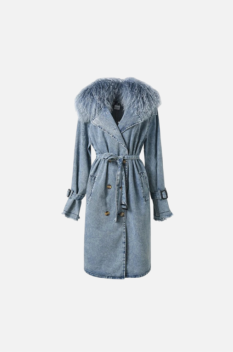 Villa Blvd Short Mongolian Fur Denim Trench Coat