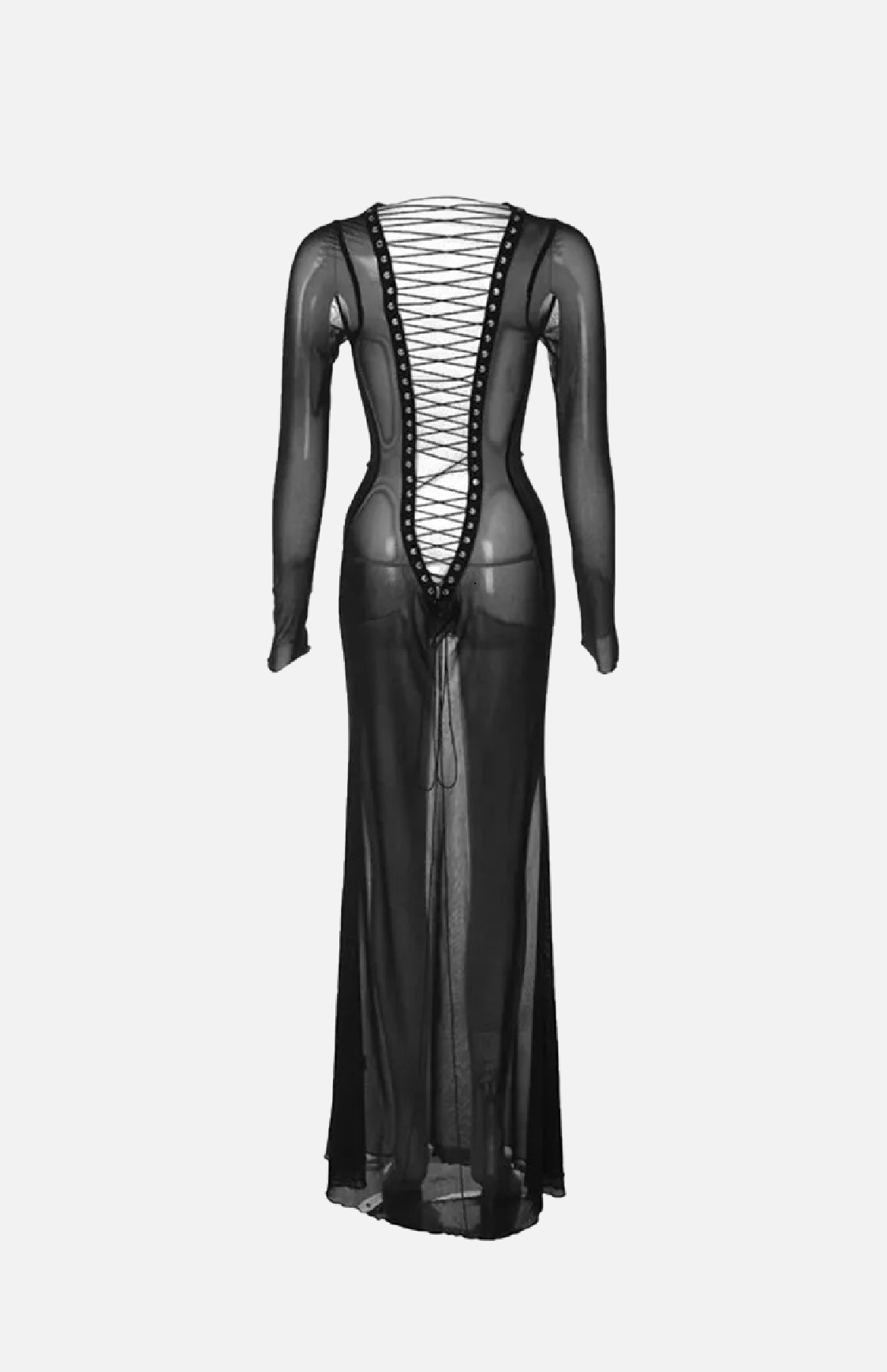 Villa Blvd Bandage Mesh Backless Maxi Dress