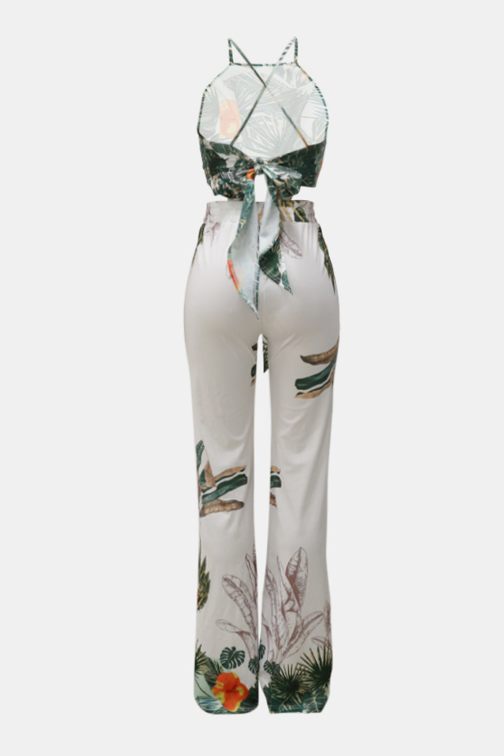 Villa Blvd Paradise Swan Crisscross Cropped Top + Belted Pants Set