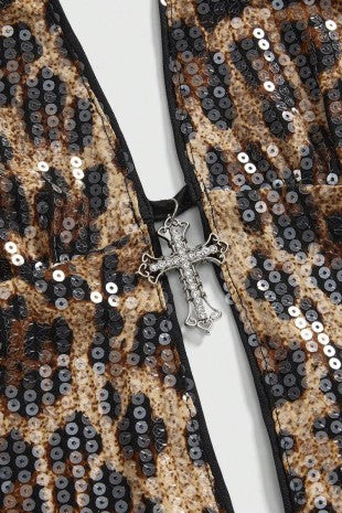 Villa Blvd Leopard Sequins Halter Top