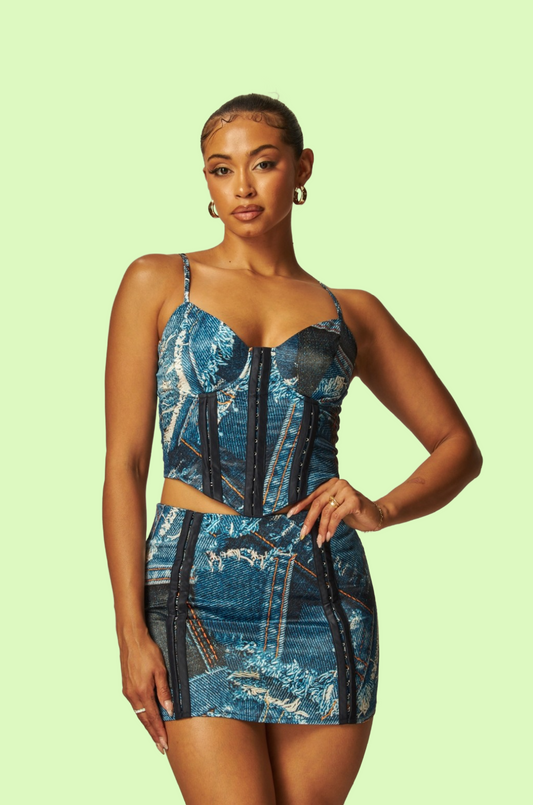 Villa Blvd ƎDEN Denim Cami Corset + Skirt Set