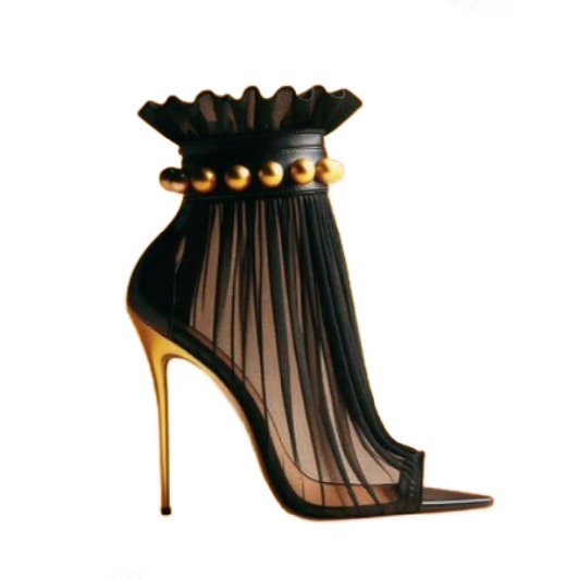 Villa Blvd Black Sheer with Gold Stud Heels