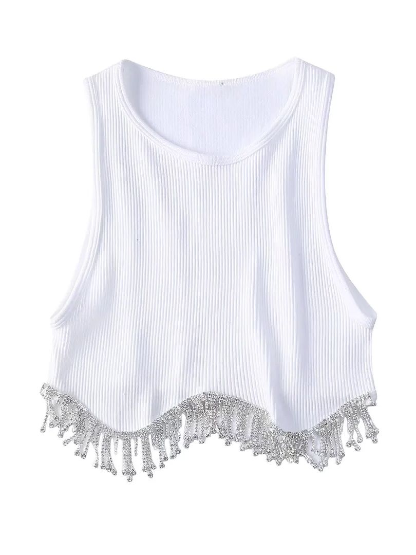 Villa Blvd Tassel Diamond Beading Cropped T-Shirt