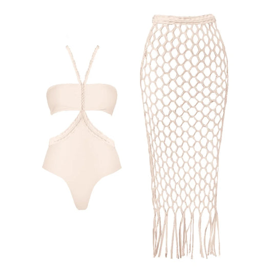 Villa Blvd Noué Crochet Hollow Swimsuit + Maxi Knit Skirt Swimwear Set