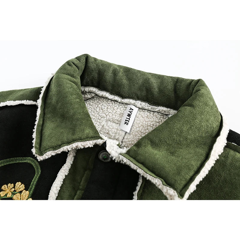 Villa Blvd Embroidery Patchwork Suede Coat