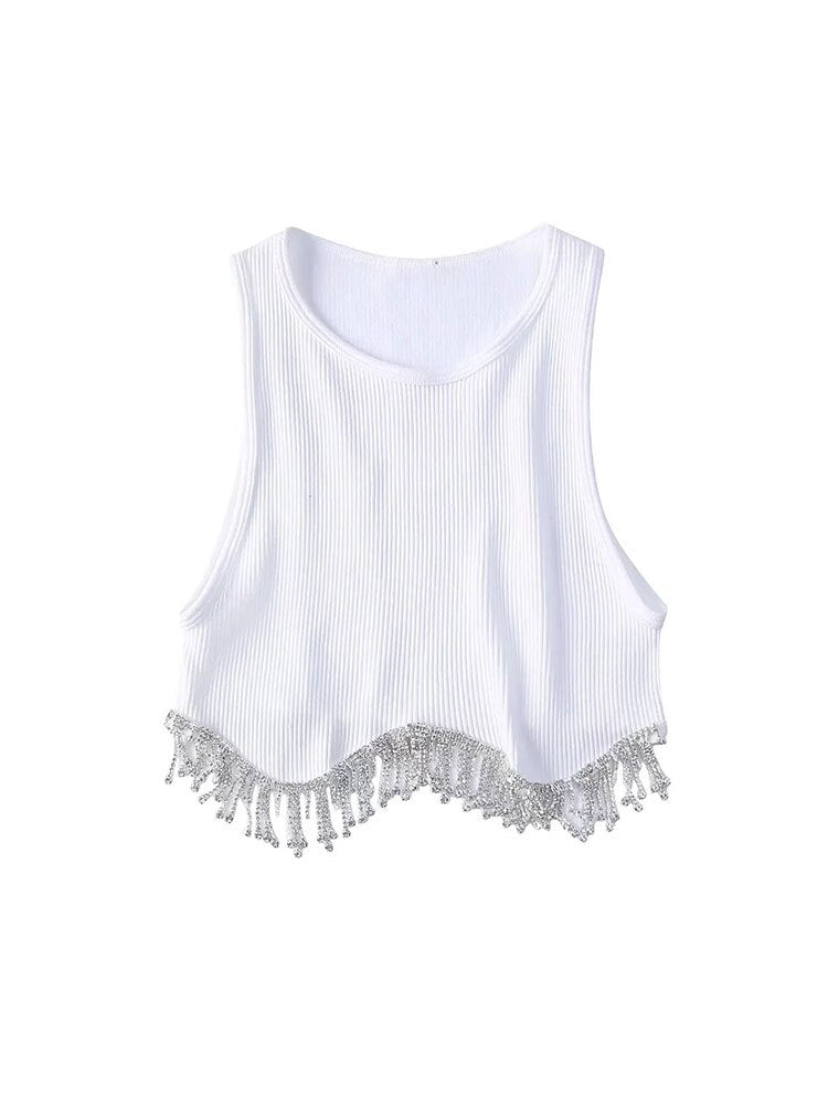 Villa Blvd Tassel Diamond Beading Cropped T-Shirt