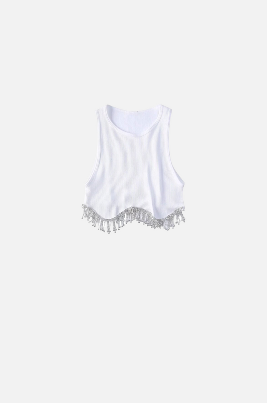 Villa Blvd Tassel Diamond Beading Cropped T-Shirt