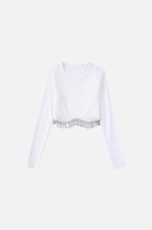 Villa Blvd Tassel Diamond Beading Cropped Shirt