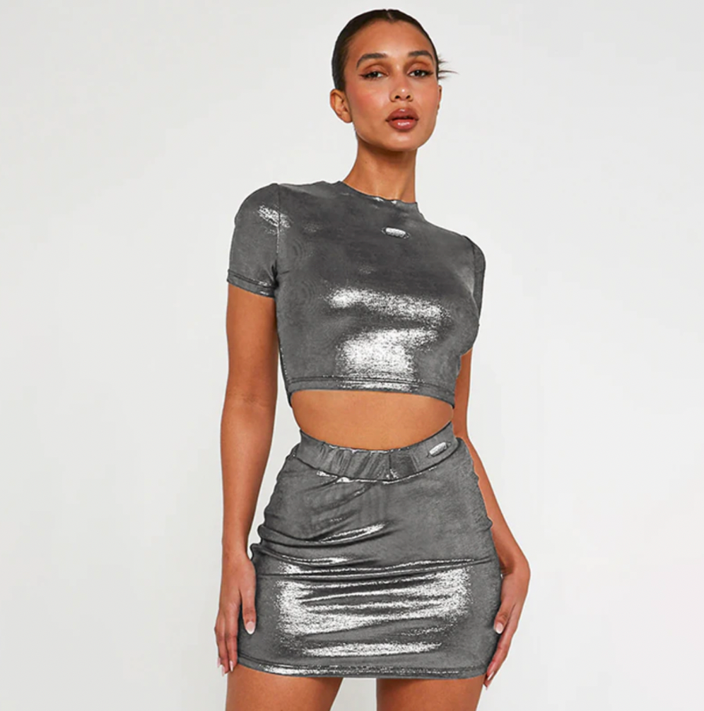 Villa Blvd Too Metallic Cropped Top + Skirt Set
