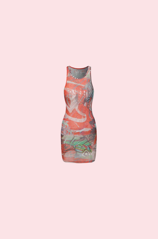 Villa Blvd Abstract Mesh Tank Dress