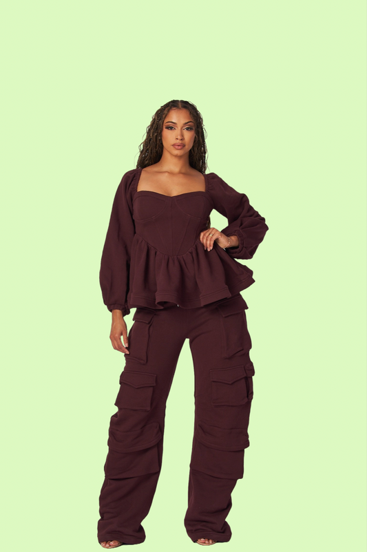 Villa Blvd ƎDEN Peplum Cargo Set - Burgundy