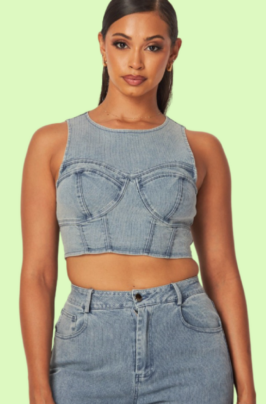 Villa Blvd ƎDEN Bustier Crop Top + Denim Cargo Pant Set