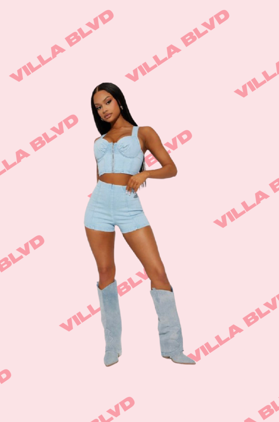 Villa Blvd Zipped Denim Crop Top + Shorts Set