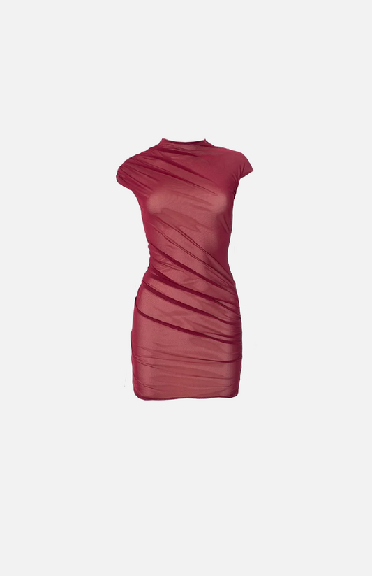 Villa Blvd Mesh Draped High Collar Dress