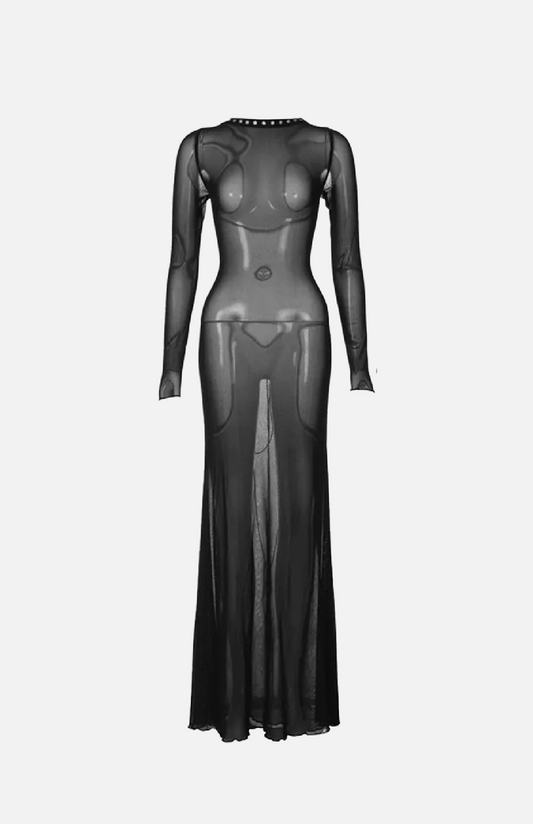 Villa Blvd Bandage Mesh Backless Maxi Dress
