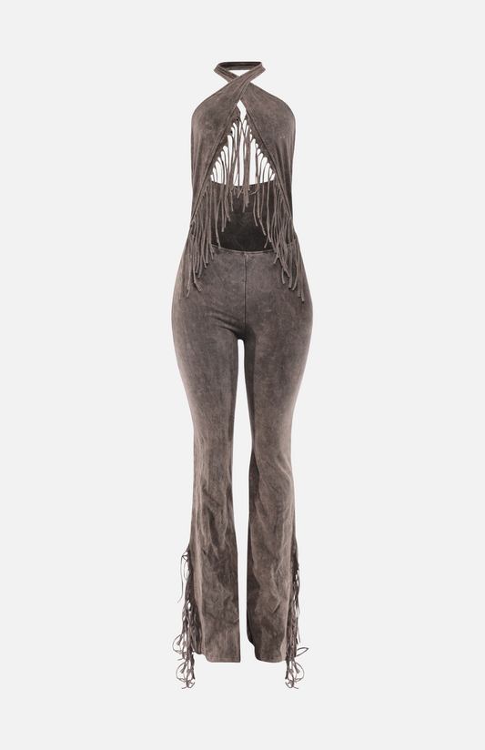 Villa Blvd Mineral Washed Halter Fringe Jumpsuit ☛ Multiple Colors Available ☚