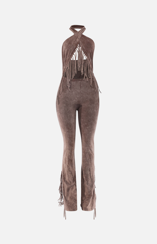 Villa Blvd Mineral Washed Halter Fringe Jumpsuit ☛ Multiple Colors Available ☚