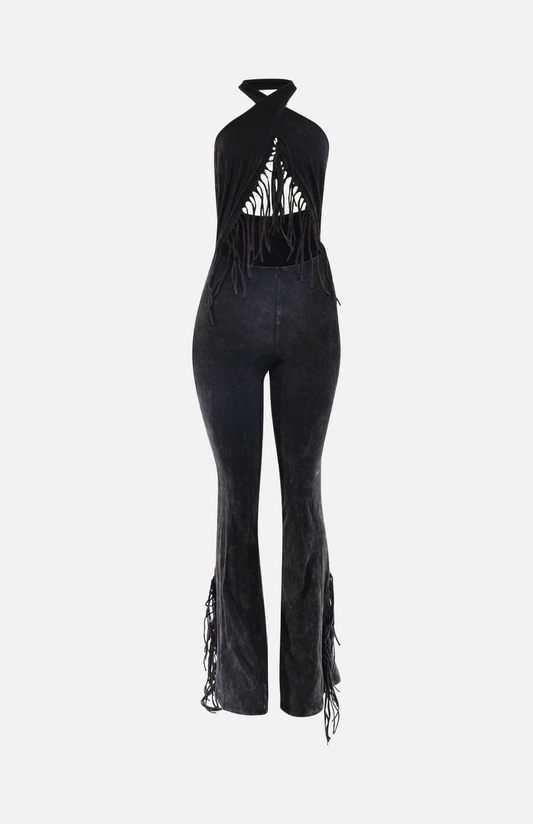 Villa Blvd Mineral Washed Halter Fringe Jumpsuit ☛ Multiple Colors Available ☚