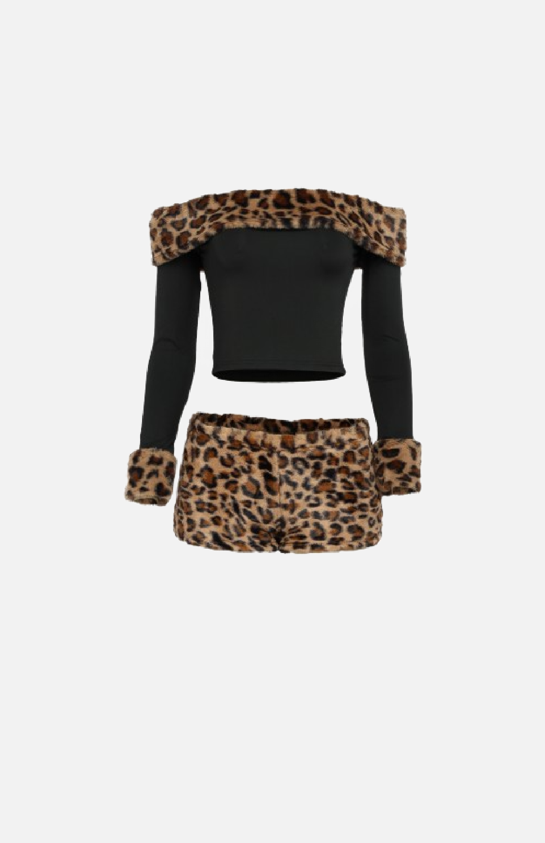 Villa Blvd Leopard Fur Off-Shoulder Top + Shorts Set