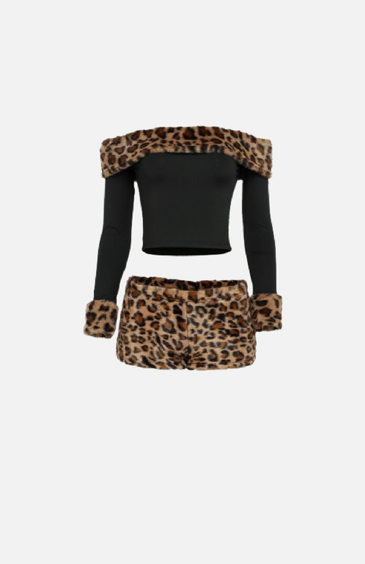 Villa Blvd Leopard Fur Off-Shoulder Top + Shorts Set
