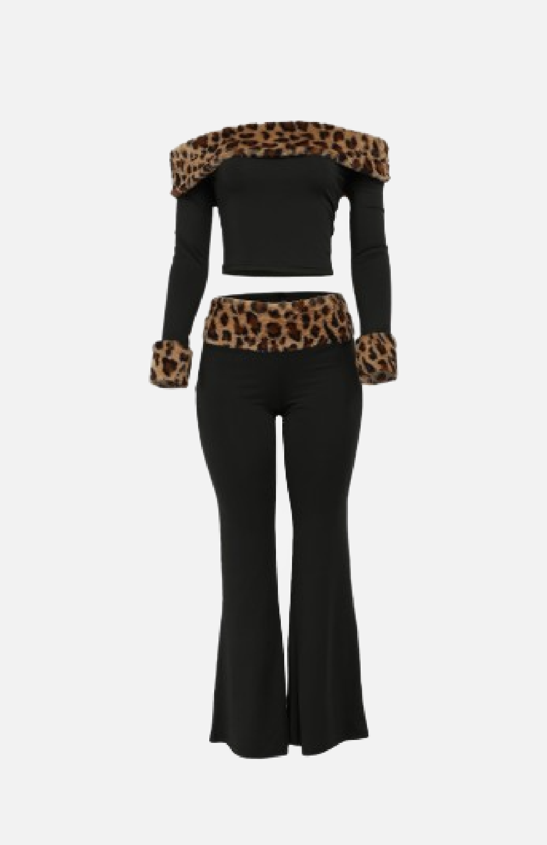 Villa Blvd Leopard Fur Off-Shoulder Top + Pant Set