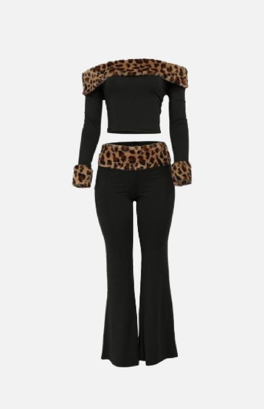 Villa Blvd Leopard Fur Off-Shoulder Top + Pant Set