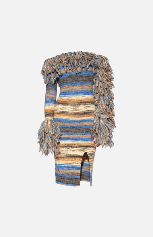 Villa Blvd Fringe Knit Off-Shoulder Dress