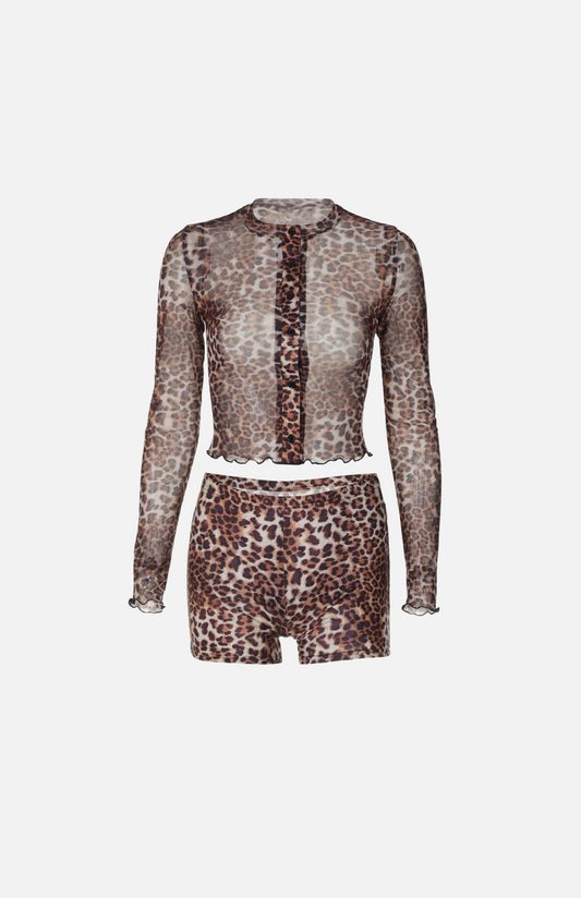 Villa Blvd Leopard Mesh Shirt + Shorts Sets