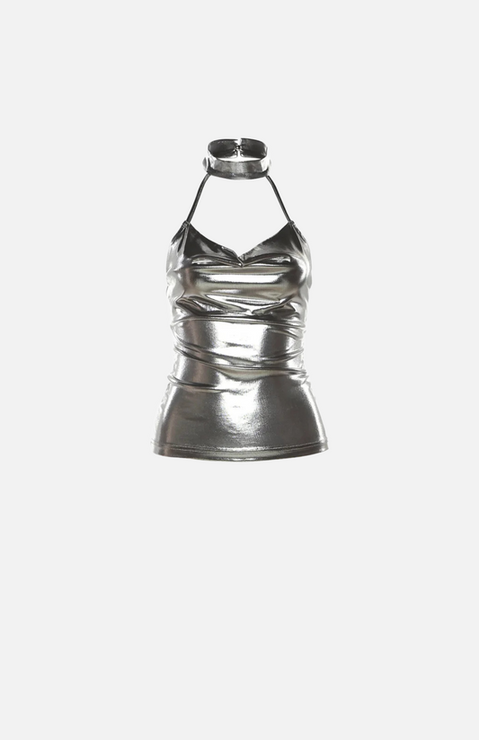 Villa Blvd Silver Patent Halter Top