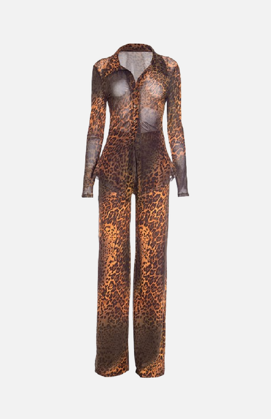 Villa Blvd Retro Leopard Blouse + Pants Set