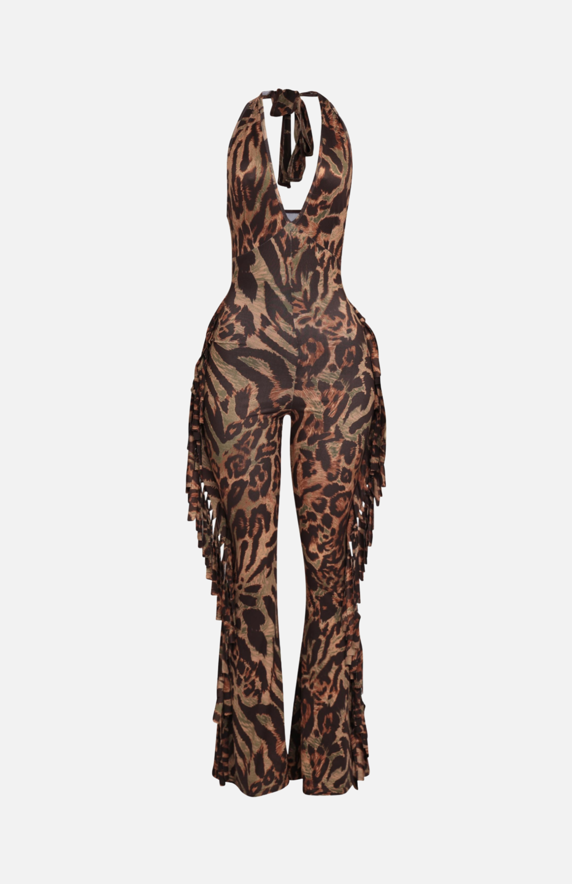 Villa Blvd Leopard Halter Fringe Jumpsuit