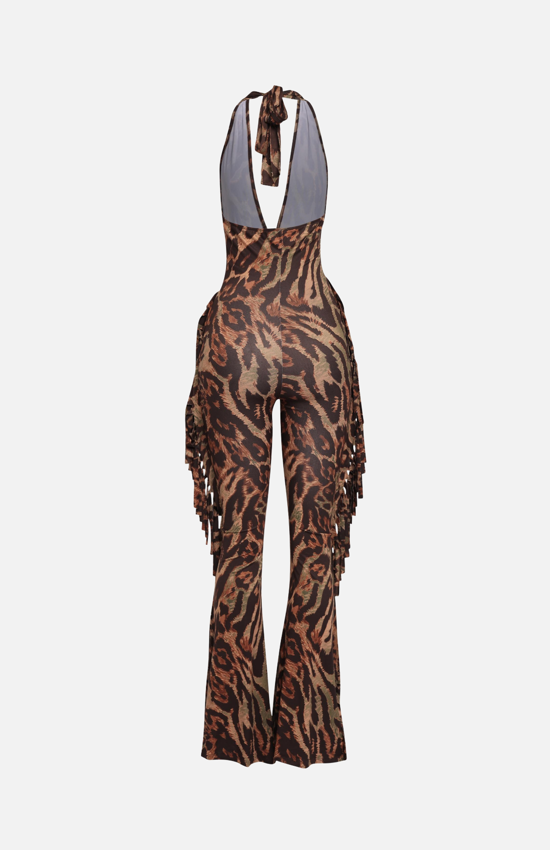 Villa Blvd Leopard Halter Fringe Jumpsuit
