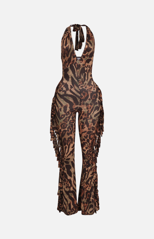 Villa Blvd Leopard Halter Fringe Jumpsuit
