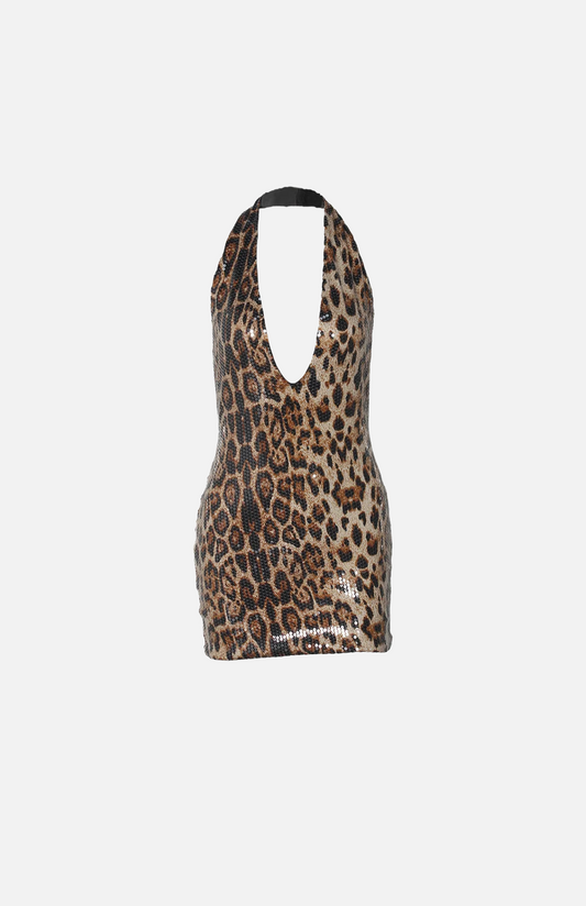 Villa Blvd Halter Sequin Leopard Dress