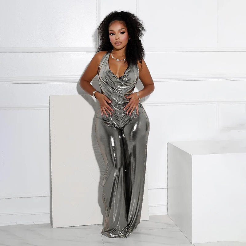 Villa Blvd Metallic Glossed Jumpsuit