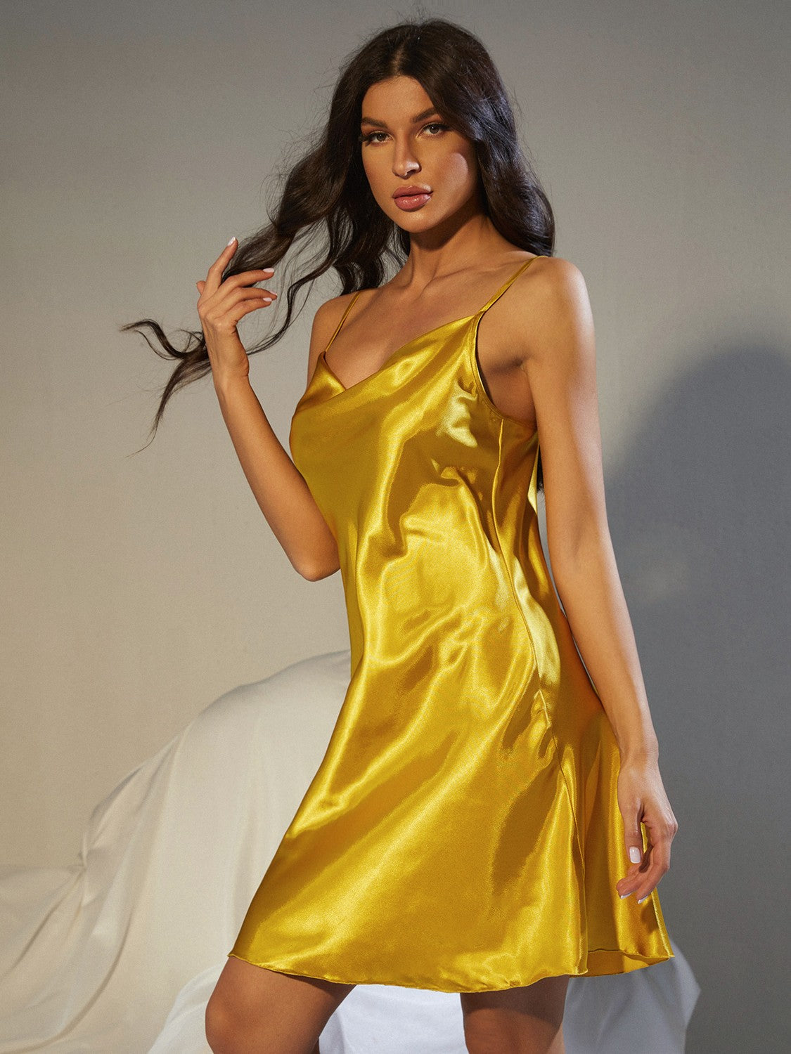 Villa Blvd Spaghetti Strap Cowl Neck Satin Gown ☛ Multiple Colors Available ☚